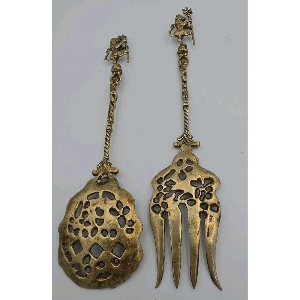 Vintage Italian 6 Piece Serving Set Lions Holding Scepter Brass Gothic Italy